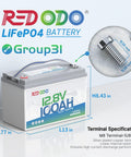 Bad Boy 12V 100Ah Lithium Iron Phosphate Battery Featuring Auto Heating Thermal BMS And Integrated 20A Smart Charger, showing dimensions and terminal specifications.