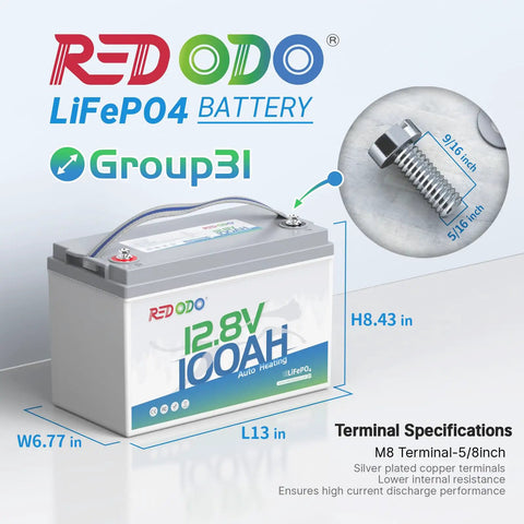 Bad Boy 12V 100Ah Lithium Iron Phosphate Battery Featuring Auto Heating Thermal BMS And Integrated 20A Smart Charger, showing dimensions and terminal specifications.