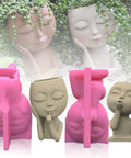 Two Piece Girl Head Planter Molds For Pots Made From Concrete And Silicone Face Portrait Sculpture Planter For Succulents Indoor Outdoor Home Garden Decor Balcony Patio Yard showing pink molds and final products.