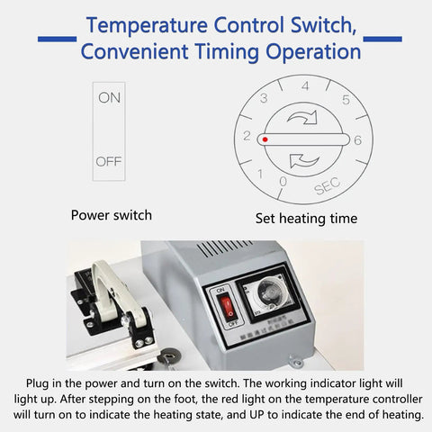Temperature control switch on Heavy Duty Heat Sealing Machine For Plastic Bags With Adjustable Worktable Pedestal Stand.