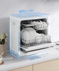 Compact Countertop Dishwasher Five Place Settings Fully Automatic Smart Air Dry with dishes and dimensions displayed.