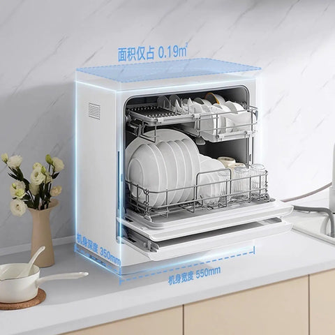 Compact Countertop Dishwasher Five Place Settings Fully Automatic Smart Air Dry with dishes and dimensions displayed.