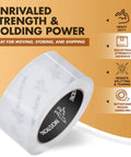 Industrial Grade Heavy Duty Clear Packing Tape Pack 6 Rolls Each 110 Yards 3 Inch Wide 2.0 Mil Thick BOPP Adhesive Built For Moving Shipping Storage Box Packing Tough Seal displayed with features list