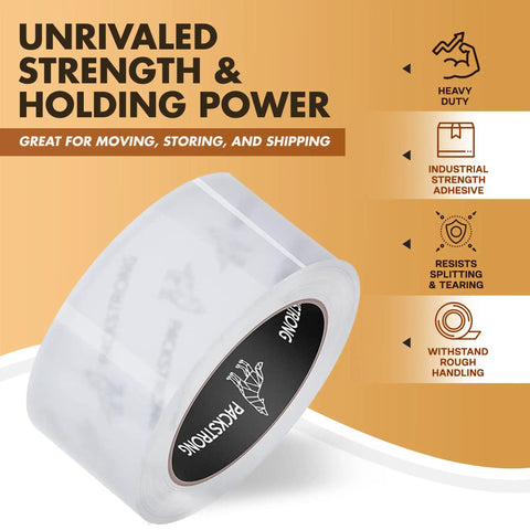 Industrial Grade Heavy Duty Clear Packing Tape Pack 6 Rolls Each 110 Yards 3 Inch Wide 2.0 Mil Thick BOPP Adhesive Built For Moving Shipping Storage Box Packing Tough Seal displayed with features list