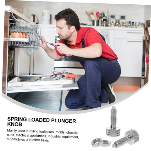Two Piece Stainless Steel Retractable Spring Loaded Indexing Plunger Lock For Rolling Toolboxes, man repairing appliance.