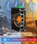 Rugged Beefed-Up 5 Port Gigabit PoE Switch with 802.3at displayed with lightning protection and wide temperature range visual.