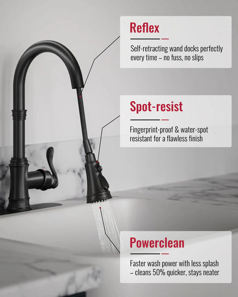 Matte Black Kitchen Faucet With Pull Down Sprayer, 3 Function Spray, Vintage Single Handle With Antique Brass Accent, shown spot-resistant