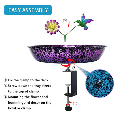 Easy assembly guide for Premium Heavy Duty Deck Mounted Bird Bath With Secure Detachable Clamp For Railings Balconies.