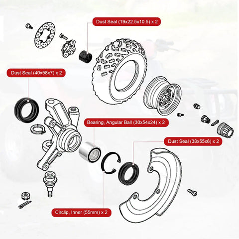Diagram of Honda Front Wheel Bearings And Seals Kit For Foreman 400 500 450 Rincon 650 680 Rubicon 500 ATV parts labeled