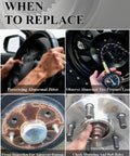 Guide on when to replace vehicle parts: steering wheel jitter, tire pressure loss, rusted wheel hub, and bolt hole inspection.