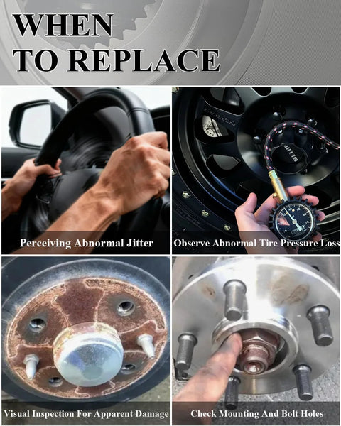 Four steps for identifying when to replace a front wheel bearing and hub assembly: jitter, pressure loss, damage, bolt holes.