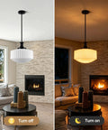 puncoll 13.8’’ Vintage Milk Glass Pendant Light Kitchen Island illuminated in cozy living room with fireplace.