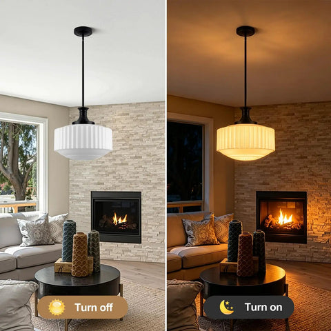 puncoll 13.8’’ Vintage Milk Glass Pendant Light Kitchen Island illuminated in cozy living room with fireplace.