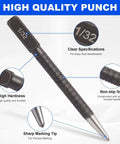 Pro Grade 4 Piece Center Punch Set with 1/32 size, non-slip grip, for metalworking and woodworking, precision marking, hardened steel.
