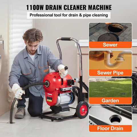 Heavy Duty Electric Sewer Snake Drain Cleaner Machine With 120 Ft Steel Cable And 1100 Watt Motor for floor drain cleaning.