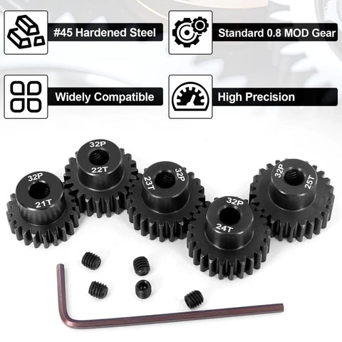 Beefy Pinion Gear Set For One Eighth And One Tenth RC SCT Buggy Monster Trucks 32P 0.8 Mod 5mm Shaft Includes 21T 22T 23T 24T 25T