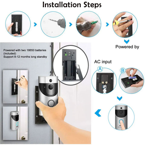Wireless Doorbell Camera With 166 Degree HD Wide Angle Waterproof IP65 Security Doorbell With Chime Cloud Storage Two Way Talk PIR Motion Detection Night Vision Rechargeable Batteries