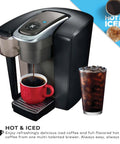 Office Ready Single Serve Coffee Maker For Small Teams With 96 Oz Water Reservoir Brews Hot Or Over Ice In Under A Minute 225 Plus K Cup Varieties From 35 Brands showing coffee brewing and iced drink