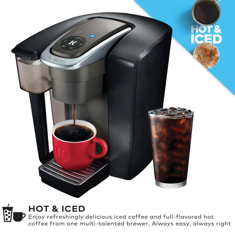 Office Ready Single Serve Coffee Maker For Small Teams With 96 Oz Water Reservoir Brews Hot Or Over Ice In Under A Minute 225 Plus K Cup Varieties From 35 Brands showing coffee brewing and iced drink