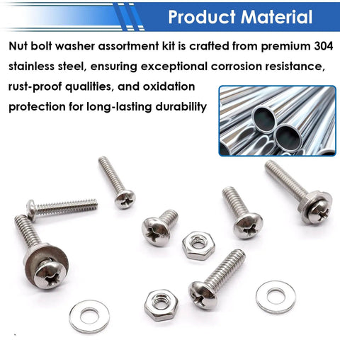 Hella Tough 304 Stainless Steel Machine Screws And Bolts Assortment Kit With Phillips Pan Head Nuts And Flat Washers laid out on white background.