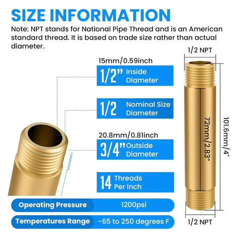 Beefy Brass Pipe Fitting Long Nipple One Half NPT Male To One Half NPT Male 4 Inch Cast Straight Extender Connector with size info