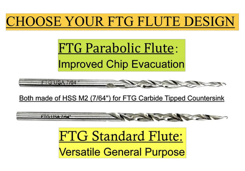 Pro Level Tapered Wood Countersink Bit Engineered To Drill Pilot Holes And Sink Number Six Screws In One Badass Move Featuring Standard Wide Carbide Flutes For Lightning Fast Chip Clearance Keeping Every Carpentry Job Smooth As Silk, showing FTG Parabolic and Standard Flutes for versatile use in woodworking.