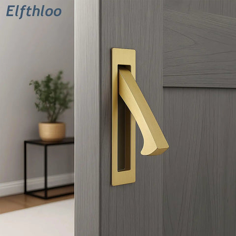 Sleek Two Pack Recessed Pocket Door Pulls With Zero Fuss Flush Mount Design And Comfortable Finger Groove For Seamless Sliding Interior Doors And Modern Home Furniture In Brushed Brass on a door