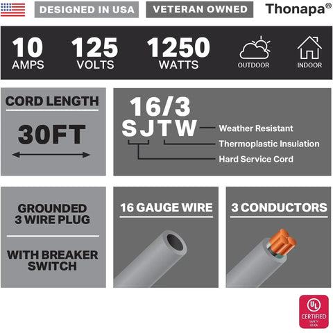 Specifications of 30 Ft Retractable Extension Cord Reel With Breaker Switch And 3 Grounded Outlets For Garage Ceiling Includes Mounting Bracket And Durable 16 Gauge 3 Conductor SJTW Cable No Fuss Easy Setup