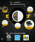 Diagram showing features of Six Pack Ultra Thin Black LED Recessed Lights With 5 CCTs and certifications like ETL, Energy Star.