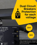 Back view of Beefy 2000 Watt Maximum Voltage Converter Transformer For 110V To 220V Devices showing dual circuit breakers.