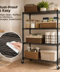 Heavy Duty Four Tier Industrial Metal Storage Rack That Rolls Smooth With Lockable Casters And No Tool Quick Assembly For Garage Or Workshop Built Tough Max Load Capacity with cleaned surfaces and storage bins.