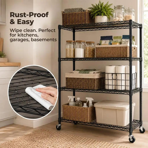 Heavy Duty Four Tier Industrial Metal Storage Rack That Rolls Smooth With Lockable Casters And No Tool Quick Assembly For Garage Or Workshop Built Tough Max Load Capacity with cleaned surfaces and storage bins.