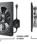 16 Inch Window And Wall Mounted Exhaust Fan With 1040 CFM High Airflow, 1460 RPM, side and front view with dimensions