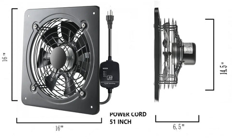 16 Inch Window And Wall Mounted Exhaust Fan With 1040 CFM High Airflow, 1460 RPM, side and front view with dimensions