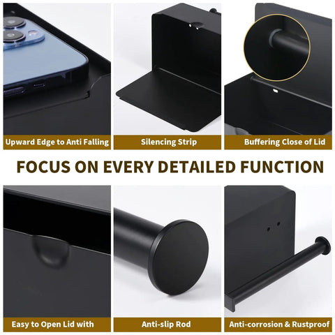 Detailed features of Matte Black Toilet Paper Holder With Shelf And Wipe Dispenser, Wall Mounted Stainless Steel Bathroom Organizer.
