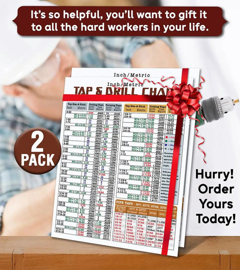 Top Shelf Magnetic Tap Drill Metric Conversion Chart Pack Of 2 At 8.5By11 Inches on a table with gift ribbon and holiday theme.