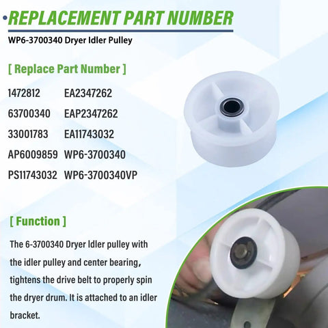 Must Have Dryer Repair Kit For Neptune 3000 5000 9000 Series Includes Drum Roller Kit Idler Pulley Tumbler Bearings And 91 5/8 Inch Drum Belt For MDE5500AYW MDE9206AYW MDE6000AYW MDE9306AYW MDE9706AYW MDE9606AYW showing idler pulley.