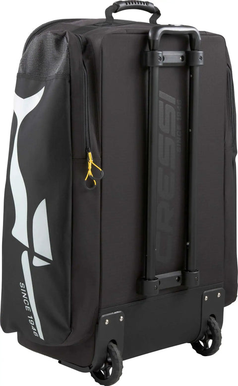Back view of Moby 3 100L Large Capacity Roller Luggage Bag With Backpack Straps For Easy Travel Access 3 Sided Opening And Dual Side Fin Pockets.