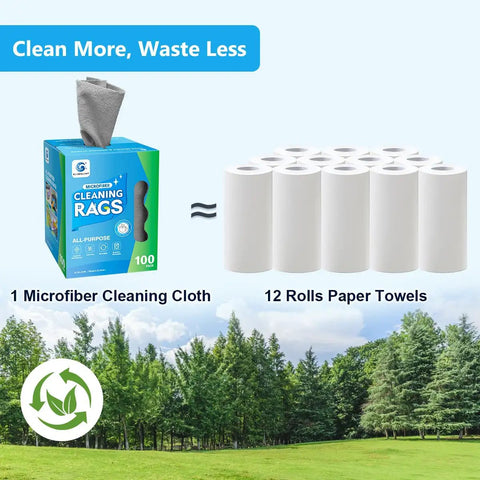 100 Pack Microfiber Cleaning Cloths Dispenser Box next to 12 rolls of paper towels on a nature background