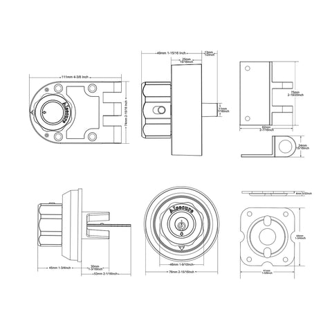Technical drawing of Keyless Jimmy-Proof Deadbolt Lock With Unpickable Night Latch And Anti Mislock Button 304 Stainless Steel Heavy-Duty Security