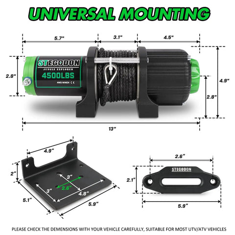 4500 Pound Waterproof Electric Winch For ATV And UTV With Synthetic Rope Wireless Remote Mounting Bracket dimensions