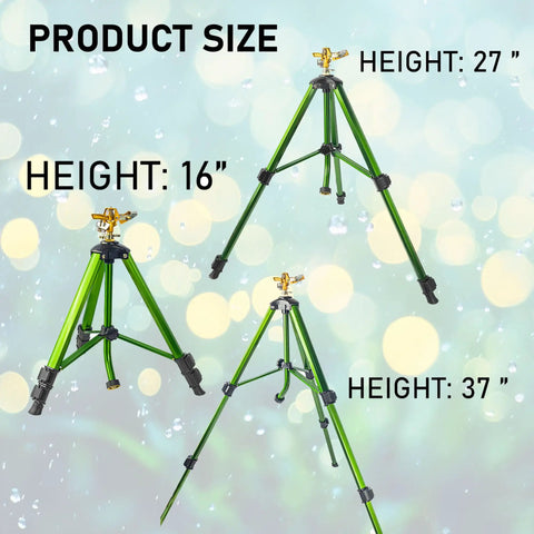 Heavy-Duty Impact Sprinkler On Tripod Base With Zinc Rotary Head For Lawn Yard And Garden, sizes 16, 27, 37 inches