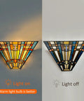 Tiffany Style Wall Sconce With Stained Glass Shade, light on and off comparison, Mission Inspired Lamp For Living Room Or Bedroom.