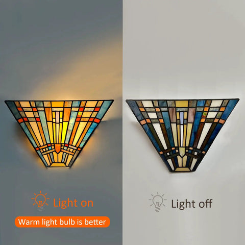 Tiffany Style Wall Sconce With Stained Glass Shade, light on and off comparison, Mission Inspired Lamp For Living Room Or Bedroom.