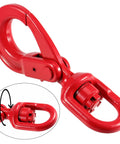 Rugged As Nails 3/8 Inch Swivel Self Locking Eye Hook, Grade 80 Forged Alloy Steel, 6945 Lbs Working Load Limit, red finish detail.