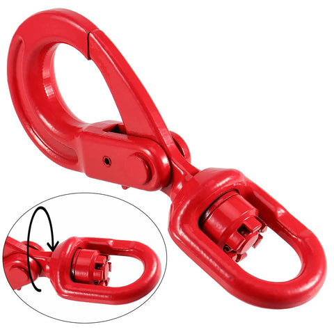 Rugged As Nails 3/8 Inch Swivel Self Locking Eye Hook, Grade 80 Forged Alloy Steel, 6945 Lbs Working Load Limit, red finish detail.