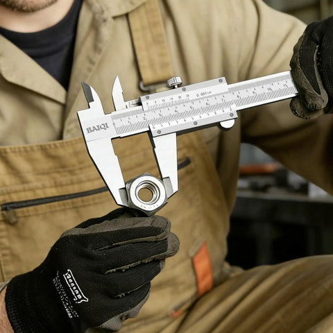 Vernier Caliper Measuring Tool 0-6 Inches 0-150mm Stainless Steel, Handy Pro Grade Precision 0.001 Inch and 0.02 Millimeter Dual Imperial Metric Scale, Outside Inside Depth Step Measurements for DIY Woodworking and Metalworking holding a nut