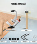 Heavy Duty Pneumatic Flooring Nailer With Rubber Mallet For Fast Hardwood And Engineered Wood Installations That Get The Job Done Quick And Clean Every Time components displayed including stapler, mallet, washers, and tools.