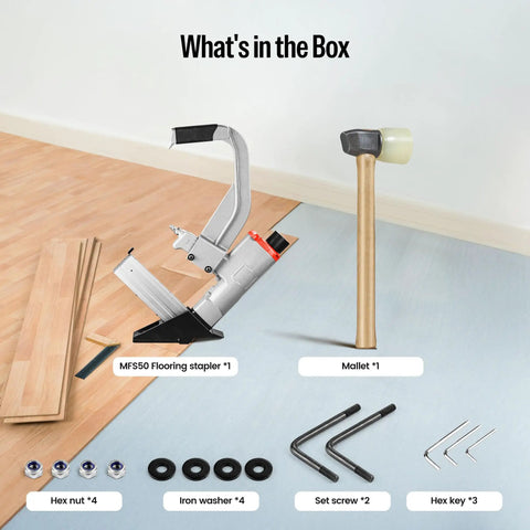 Heavy Duty Pneumatic Flooring Nailer With Rubber Mallet For Fast Hardwood And Engineered Wood Installations That Get The Job Done Quick And Clean Every Time components displayed including stapler, mallet, washers, and tools.