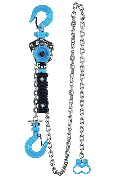 Quarter Ton Lever Chain Hoist Heavy Duty Pro Grade Ratchet Puller With Five Foot Lift And Pull Length, blue hooks, silver chain